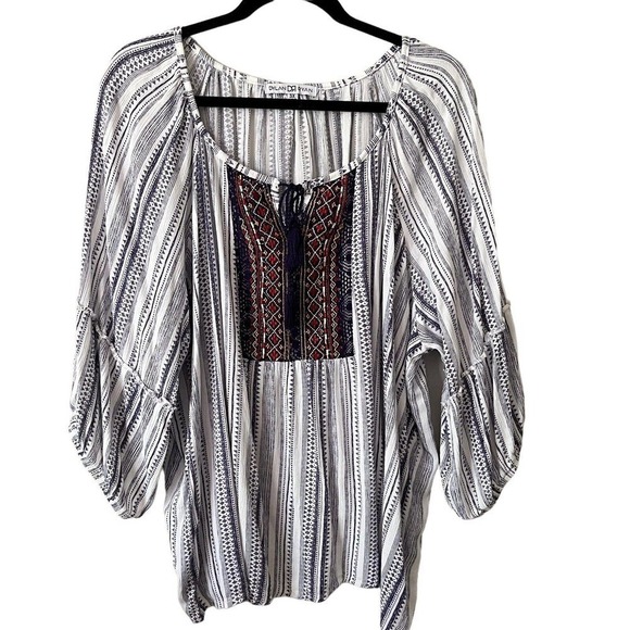 DYLAN Ryan Pullover Tunic Blouse 3X Embroidered Boho 100% Rayon 3/4 Sleeve - Picture 1 of 7